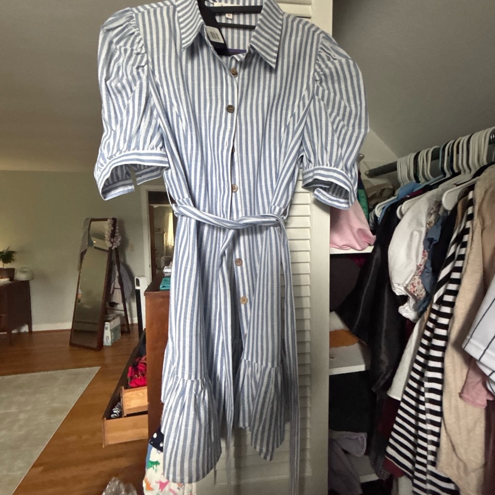 Blue and White Striped Button-Up Dress